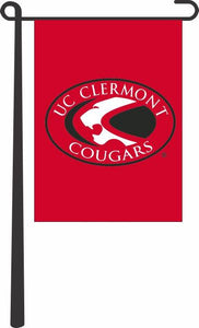 Red 13x18 inch long University of Cincinnati Clermont Garden Flag hanging on Garden Flag Stand