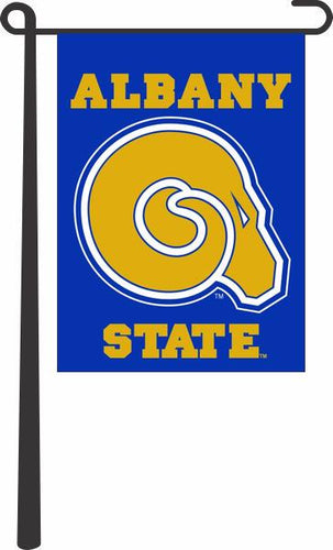 Blue 13x18 inch long Albany State University Garden Flag hanging on black Garden Flag Stand