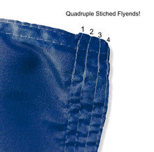 Load image into Gallery viewer, quadruple stitched flyends of Blue 3x5 foot wide Drake University Flag with Drake Logo and two metal grommets
