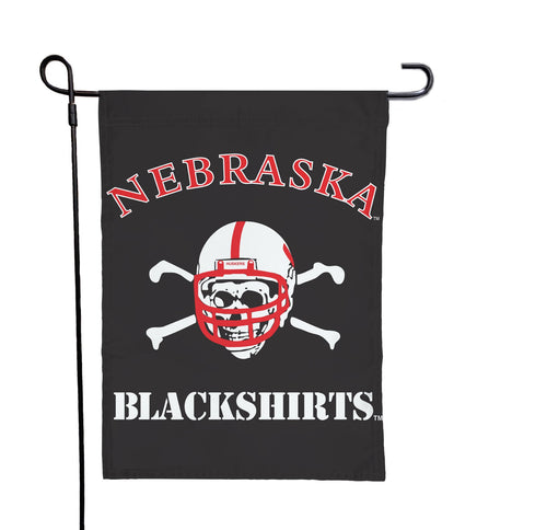 black Nebraska Huskers Garden Flag with Old Blackshirts logo